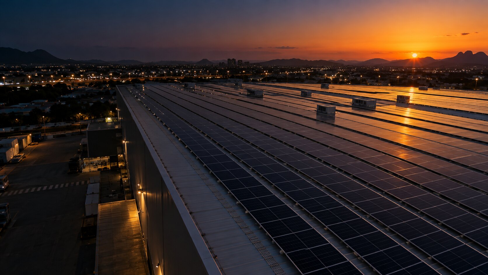 Cobertura de prédio comercial com usina solar ao entardecer