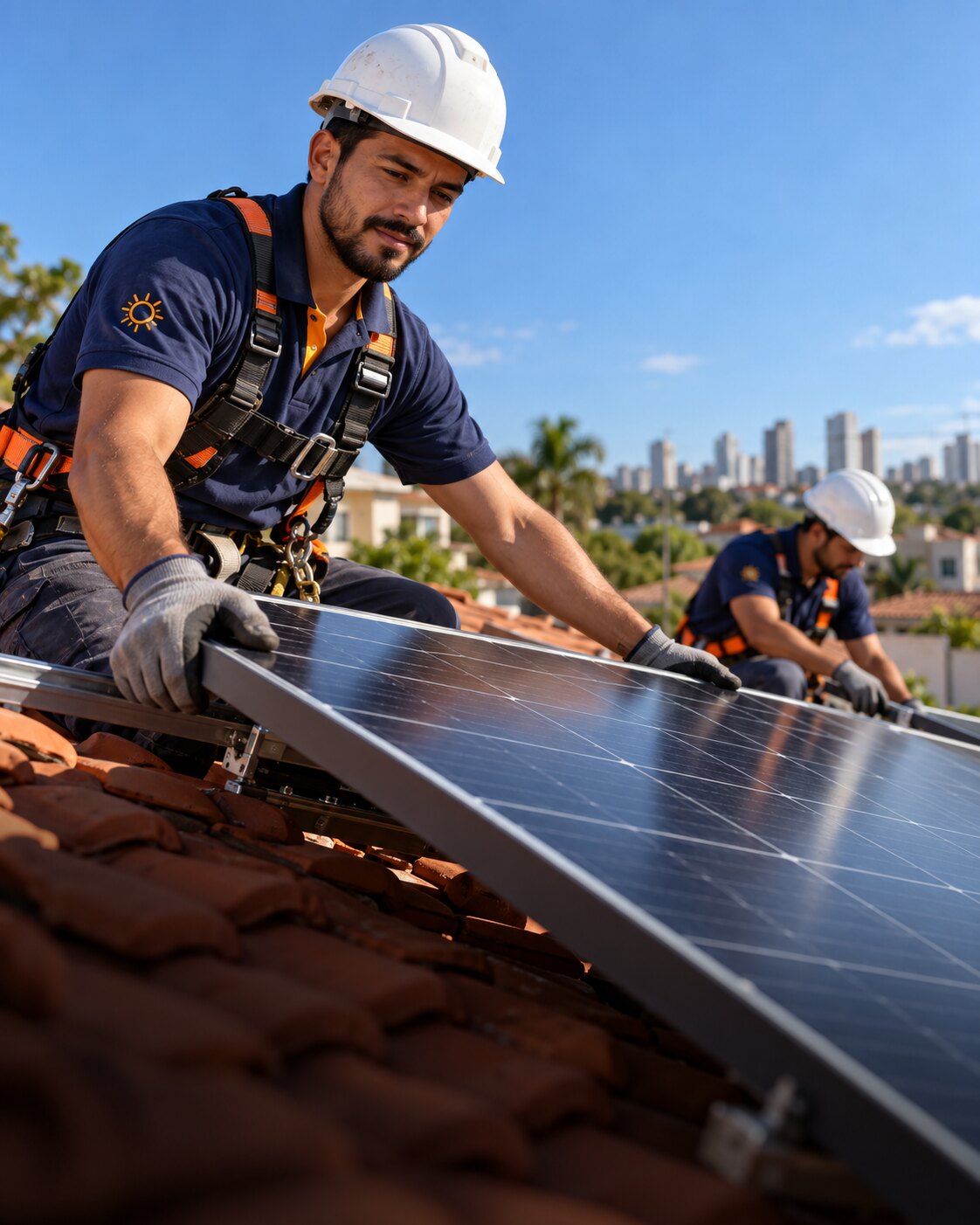Técnico da Rufino Solar com uniforme oficial instalando módulos